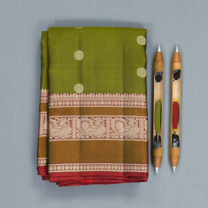 Hayagrivas Handloom Olive Green Kanjivaram Silk Saree with Rusty Red Border KBF890H1-17