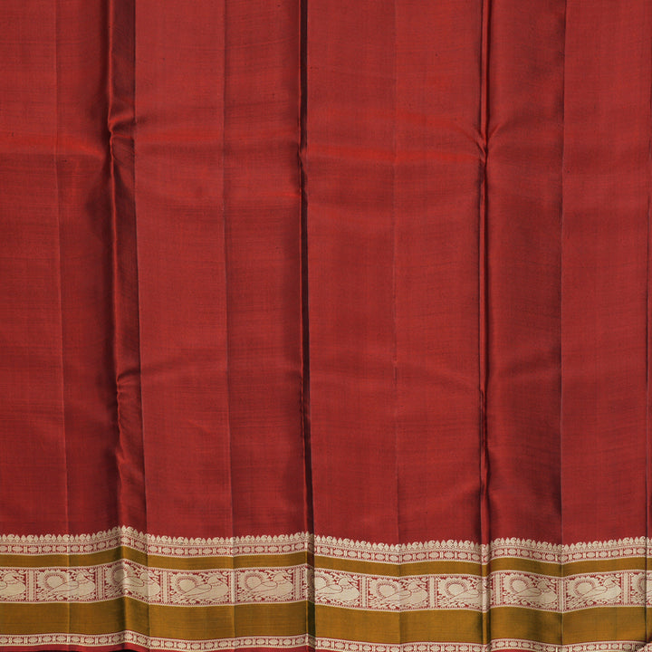 Hayagrivas Handloom Olive Green Kanjivaram Silk Saree with Rusty Red Border KBF890H1-17
