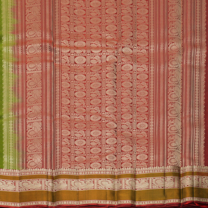 Hayagrivas Handloom Olive Green Kanjivaram Silk Saree with Rusty Red Border KBF890H1-17