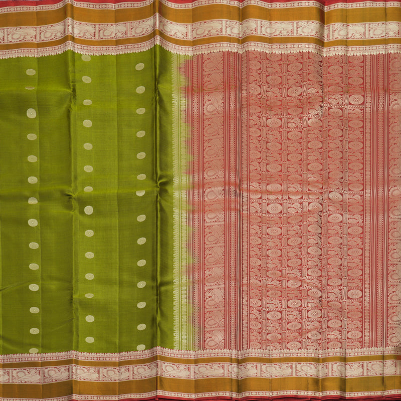 Hayagrivas Handloom Olive Green Kanjivaram Silk Saree with Rusty Red Border KBF890H1-17