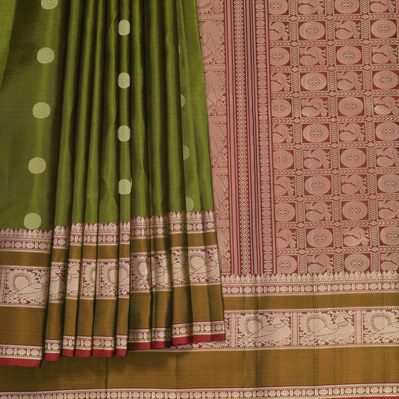Hayagrivas Handloom Olive Green Kanjivaram Silk Saree with Rusty Red Border KBF890H1-17