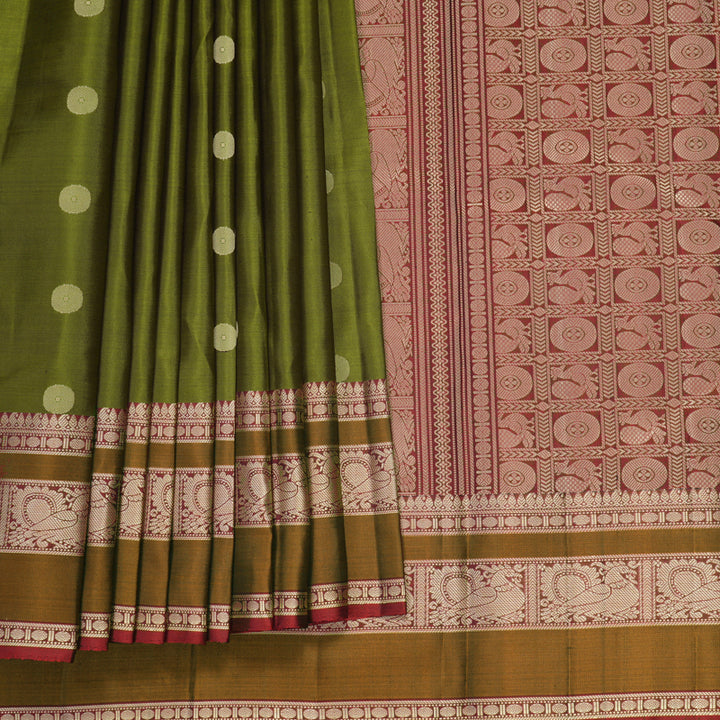 Hayagrivas Handloom Olive Green Kanjivaram Silk Saree with Rusty Red Border KBF890H1-17