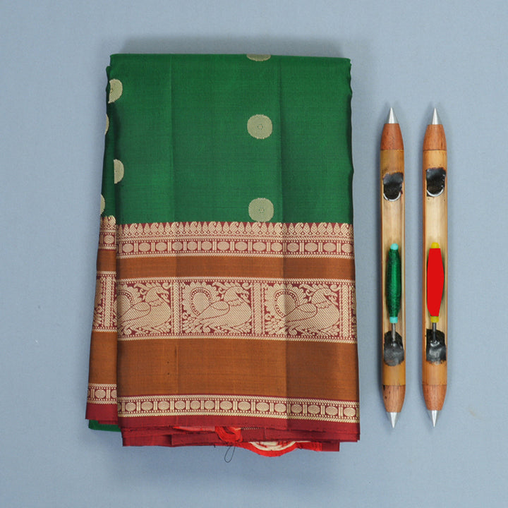 Hayagrivas Handloom Dark Green Kanjivaram Silk Saree with Rust Orange Border KBF890H1-5