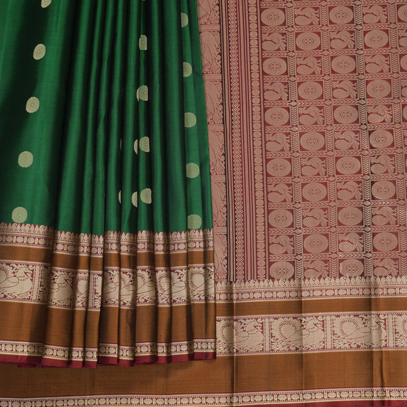 Hayagrivas Handloom Dark Green Kanjivaram Silk Saree with Rust Orange Border KBF890H1-5
