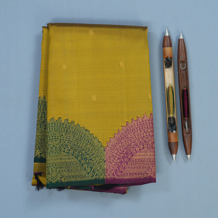 Hayagrivas Handloom Greenish-Yellow Kanjivaram Silk Saree with Multicolour Border KBF8D11-1