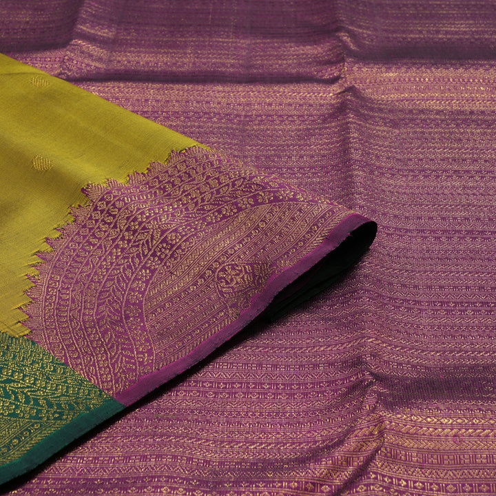 Hayagrivas Handloom Greenish-Yellow Kanjivaram Silk Saree with Multicolour Border KBF8D11-1
