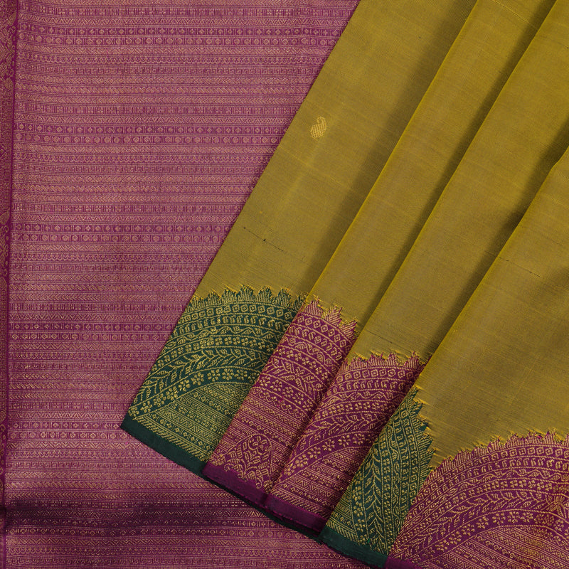 Hayagrivas Handloom Greenish-Yellow Kanjivaram Silk Saree with Multicolour Border KBF8D11-1