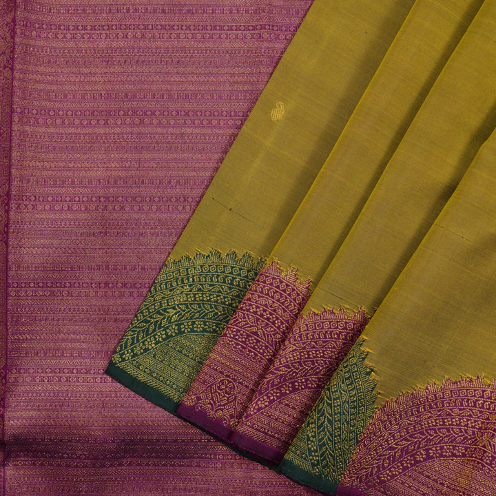 Hayagrivas Handloom Greenish-Yellow Kanjivaram Silk Saree with Multicolour Border KBF8D11-1