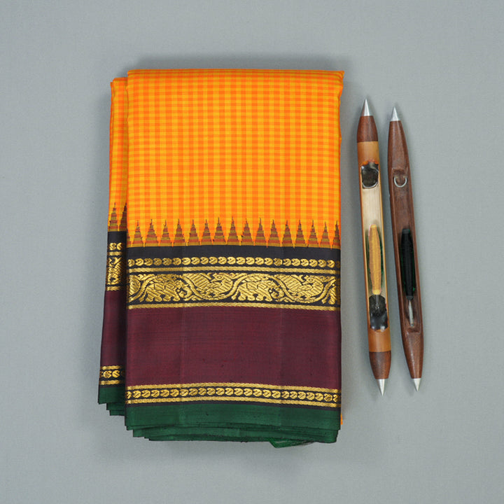 Hayagrivas Handloom Orange & Yellow Checks Kanjivaram Silk Saree with Wine Border KBF8D6-1