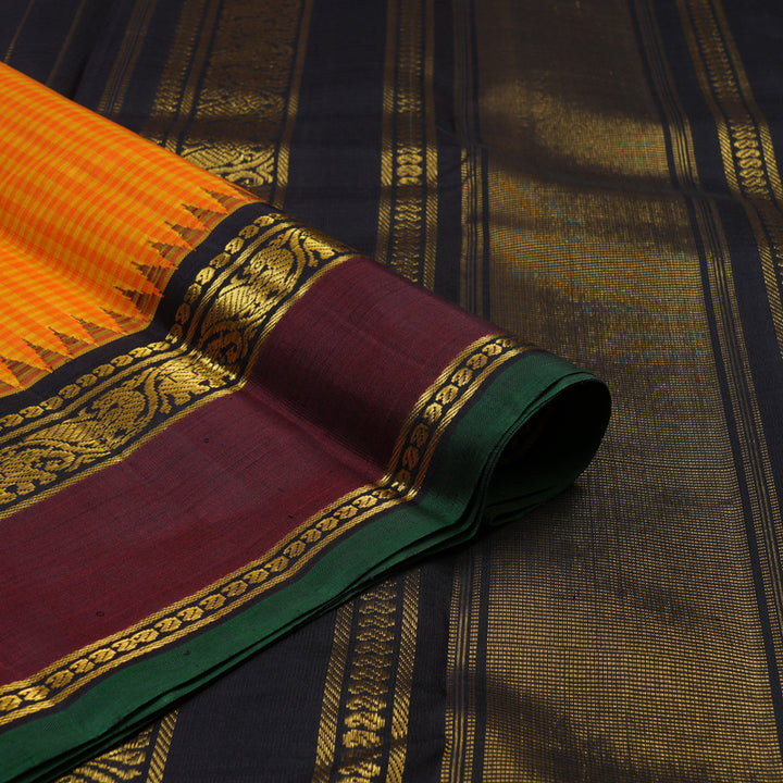 Hayagrivas Handloom Orange & Yellow Checks Kanjivaram Silk Saree with Wine Border KBF8D6-1