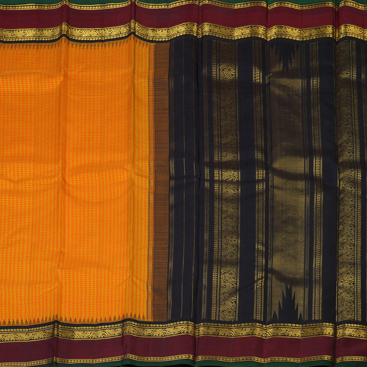 Hayagrivas Handloom Orange & Yellow Checks Kanjivaram Silk Saree with Wine Border KBF8D6-1