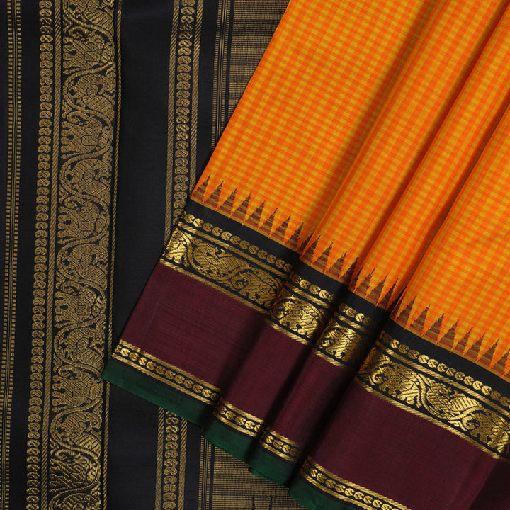 Hayagrivas Handloom Orange & Yellow Checks Kanjivaram Silk Saree with Wine Border KBF8D6-1