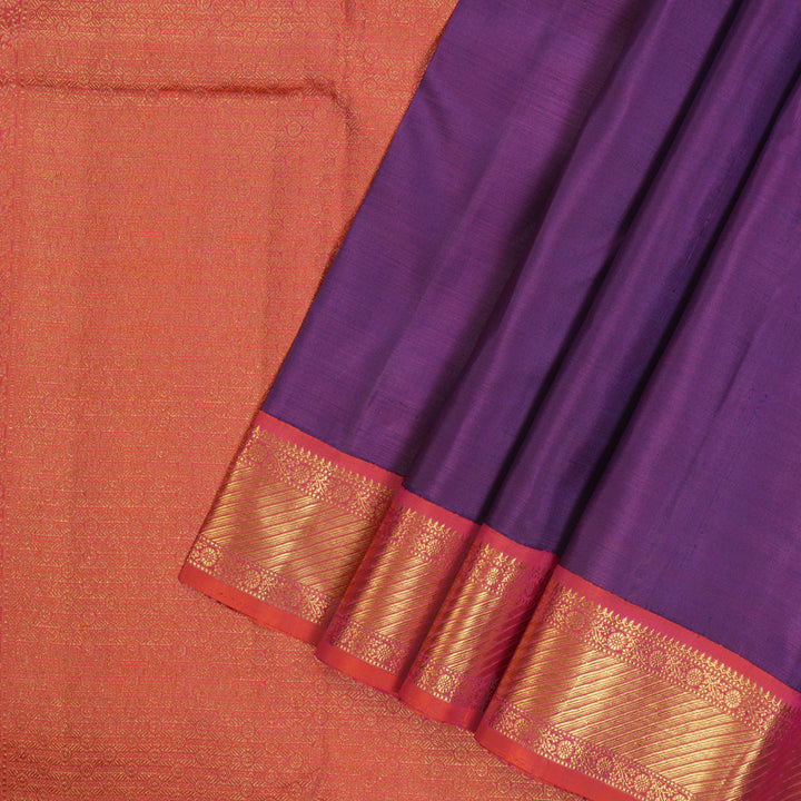 Hayagrivas Handloom Purple Kanjivaram Silk Saree with Orangish-Pink Border KBF8D8-1