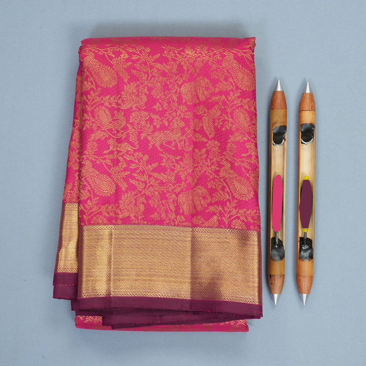 Hayagrivas Handloom Magenta-Pink Kanjivaram Silk Saree with Purple Border KBF903H3-1