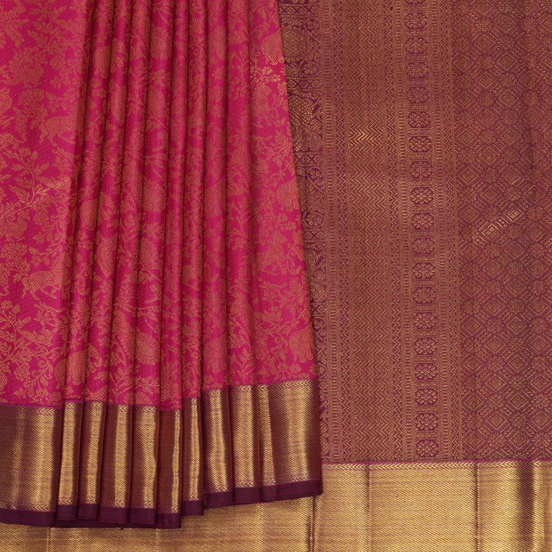 Hayagrivas Handloom Magenta-Pink Kanjivaram Silk Saree with Purple Border KBF903H3-1