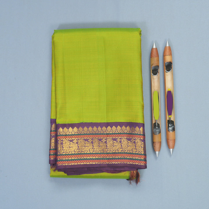 Hayagrivas Handloom Fluorescent Green Kanjivaram Silk Saree with Purple Border KBF903H4-1