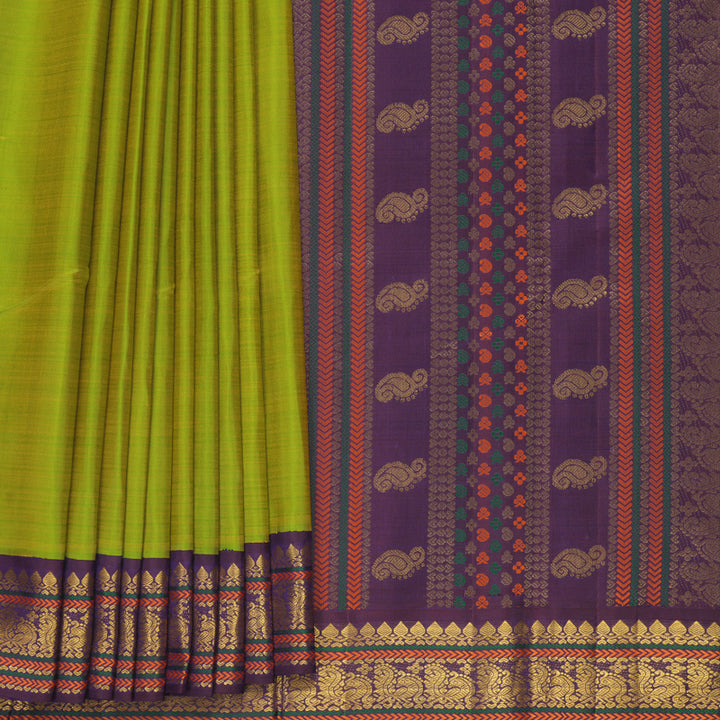 Hayagrivas Handloom Fluorescent Green Kanjivaram Silk Saree with Purple Border KBF903H4-1