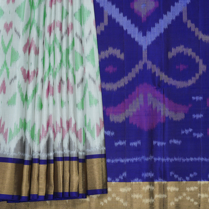 Hayagrivas White Handloom Ikkat Soft Silk Saree KBF909H1-12