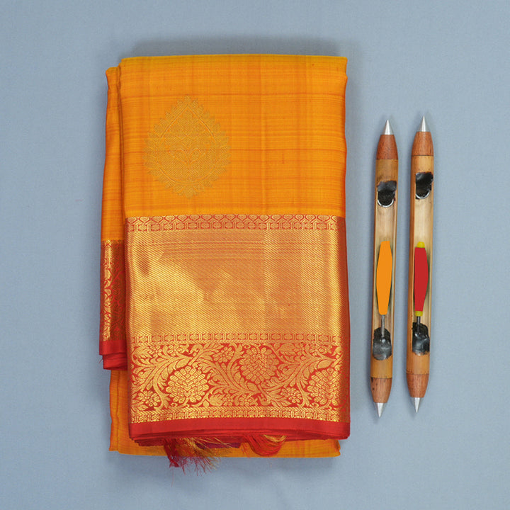 Hayagrivas Handloom Golden Orange Kanjivaram Silk Saree with Red Border KBF910H1-15