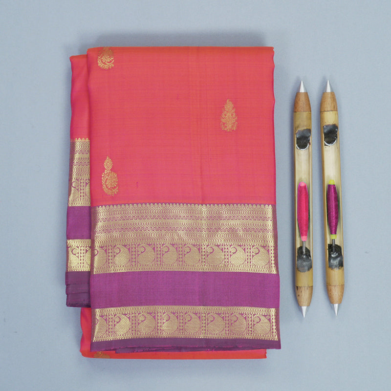 Hayagrivas Handloom Orangish-Pink Kanjivaram Silk Saree with Purple Border KBF910H1-6