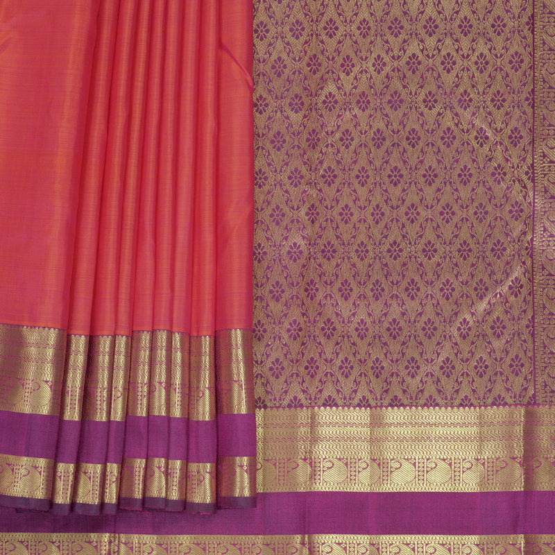 Hayagrivas Handloom Orangish-Pink Kanjivaram Silk Saree with Purple Border KBF910H1-6