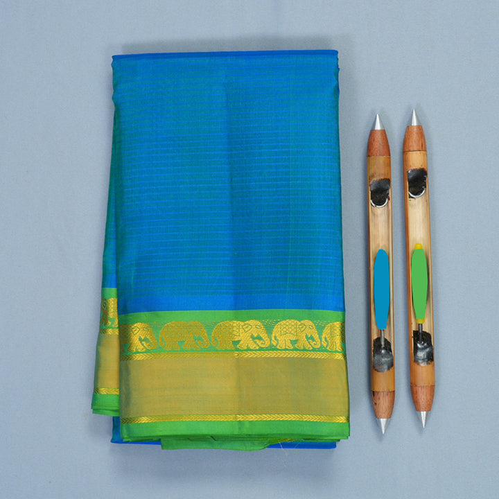 Hayagrivas Handloom Blue-Green Kanjivaram Silk Saree with Parrot Green Border KBF912H1-2
