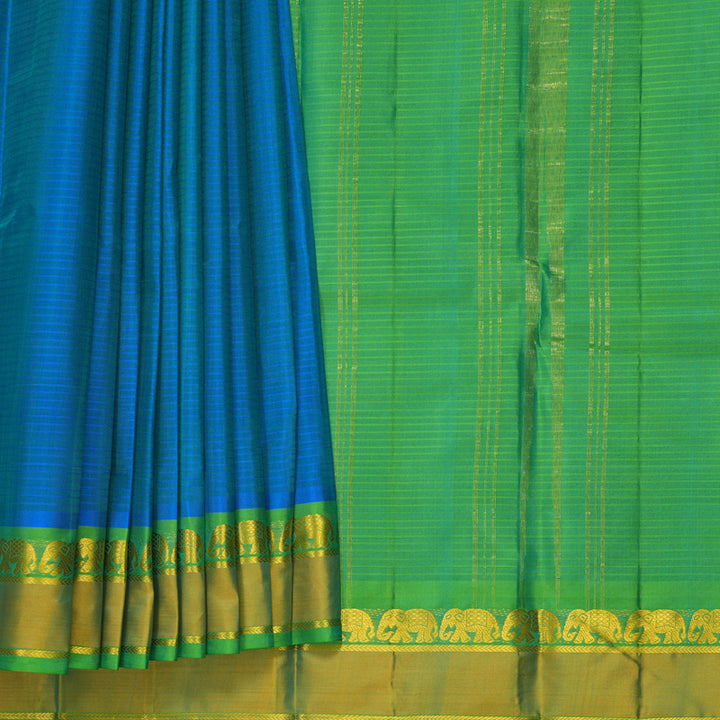 Hayagrivas Handloom Blue-Green Kanjivaram Silk Saree with Parrot Green Border KBF912H1-2