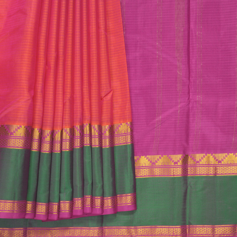 Hayagrivas Handloom Orangish-Pink Kanjivaram Silk Saree with Mayilkazhuthu Border KBF912H2-19