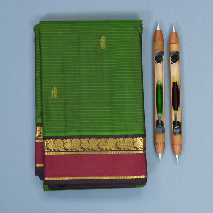 Hayagrivas Handloom Olive Green Kanjivaram Silk Saree with Red Border KBF912H3-30