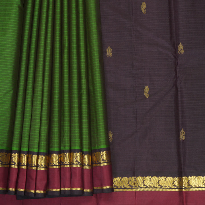 Hayagrivas Handloom Olive Green Kanjivaram Silk Saree with Red Border KBF912H3-30