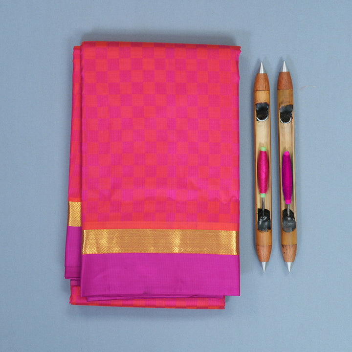 Hayagrivas Handloom Orangish-Pink Kanjivaram Silk Saree with Purple Border KBF912H5-2