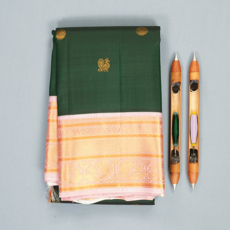 Hayagrivas Handloom Bottle Green Kanjivaram Silk Saree with Baby Pink Border KBF914H1-1