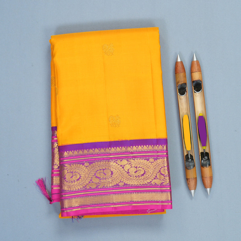 Hayagrivas Handloom Yellow Kanjivaram Silk Saree with Purple Border KBF914H4-1