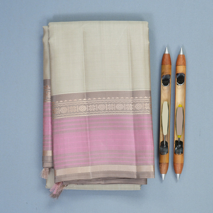 Hayagrivas Handloom Greige Kanjivaram Silk Saree with Light Brown Border KBF915H2-6