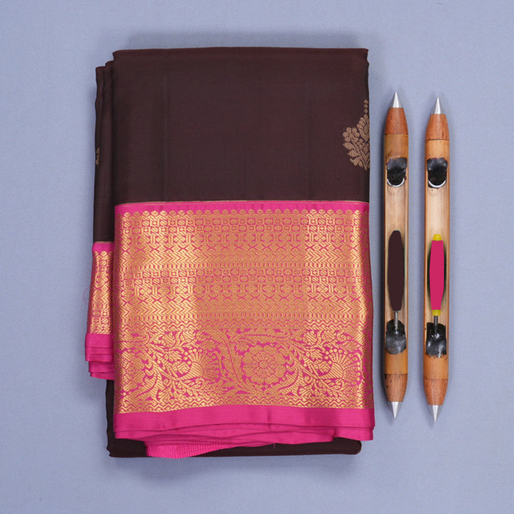 Hayagrivas Handloom Dark Brown Kanjivaram Silk Saree with Pink Border KBF916H1-13