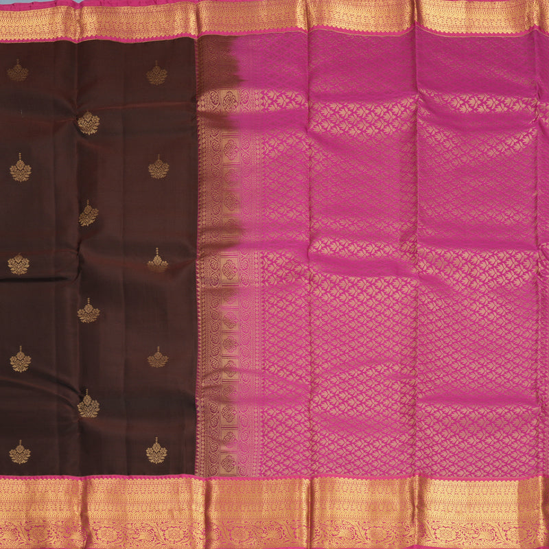 Hayagrivas Handloom Dark Brown Kanjivaram Silk Saree with Pink Border KBF916H1-13