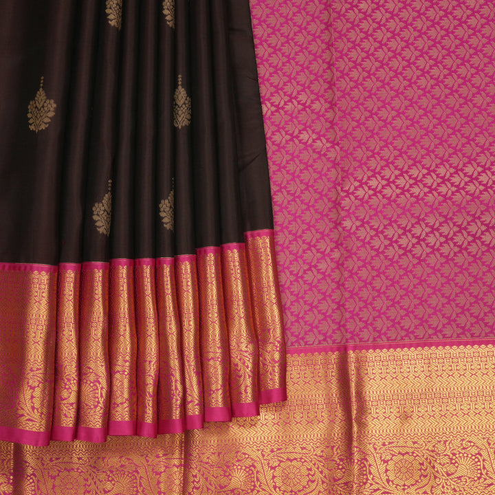 Hayagrivas Handloom Dark Brown Kanjivaram Silk Saree with Pink Border KBF916H1-13