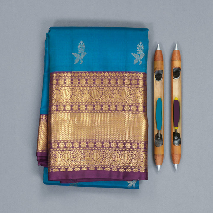 Hayagrivas Handloom Sky Blue Kanjivaram Silk Saree with Plum Purple Border KBF916H1-2