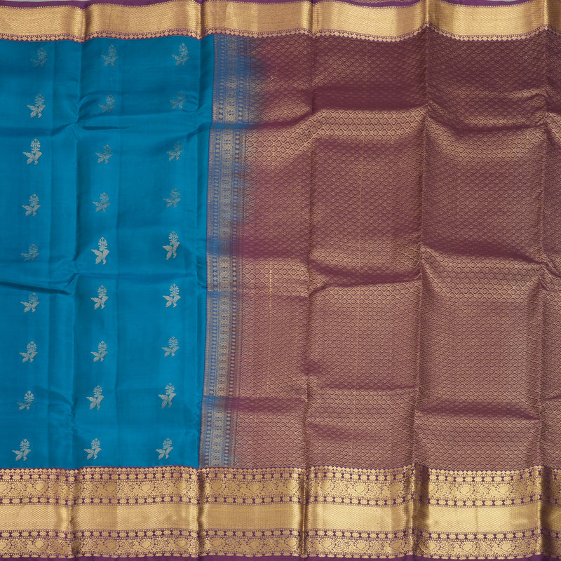 Hayagrivas Handloom Sky Blue Kanjivaram Silk Saree with Plum Purple Border KBF916H1-2