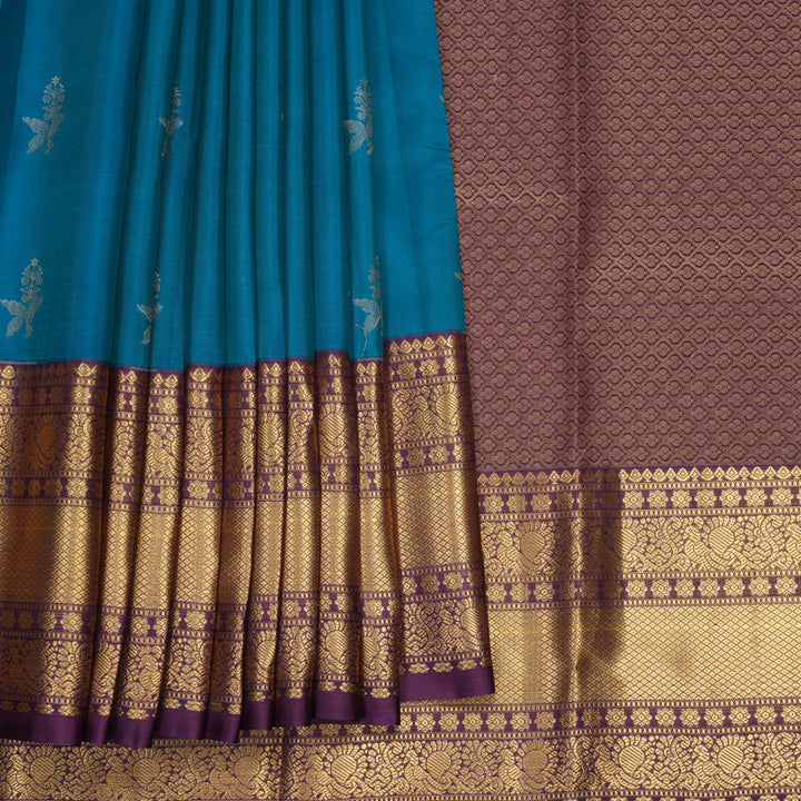 Hayagrivas Handloom Sky Blue Kanjivaram Silk Saree with Plum Purple Border KBF916H1-2
