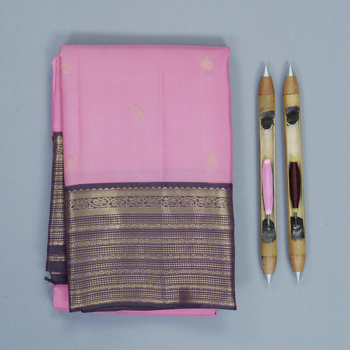 Hayagrivas Handloom Rose Pink Kanjivaram Silk Saree with Deep Jamun Border KBF916H1-20