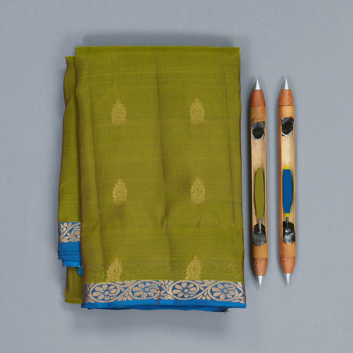 Hayagrivas Handloom Olive Green Kanjivaram Silk Saree with Ananda Blue Border KBF917H1-7