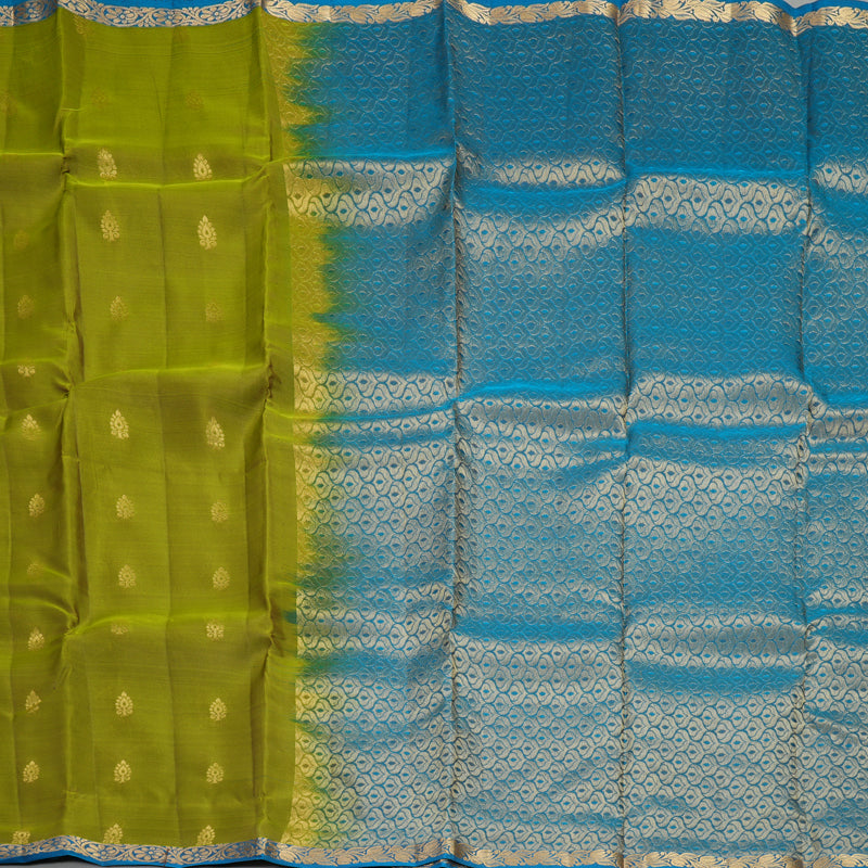 Hayagrivas Handloom Olive Green Kanjivaram Silk Saree with Ananda Blue Border KBF917H1-7