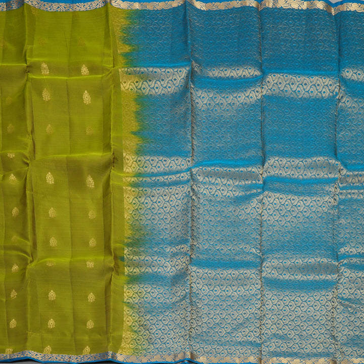 Hayagrivas Handloom Olive Green Kanjivaram Silk Saree with Ananda Blue Border KBF917H1-7