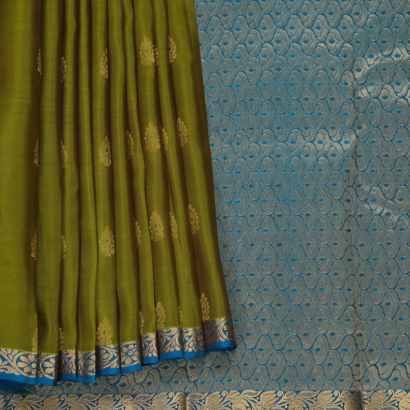Hayagrivas Handloom Olive Green Kanjivaram Silk Saree with Ananda Blue Border KBF917H1-7