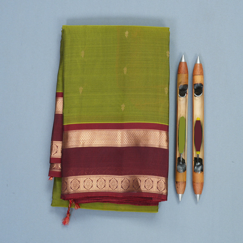 Hayagrivas Handloom Grass Green Kanjivaram Silk Saree with Maroon Border KBF919H1-18
