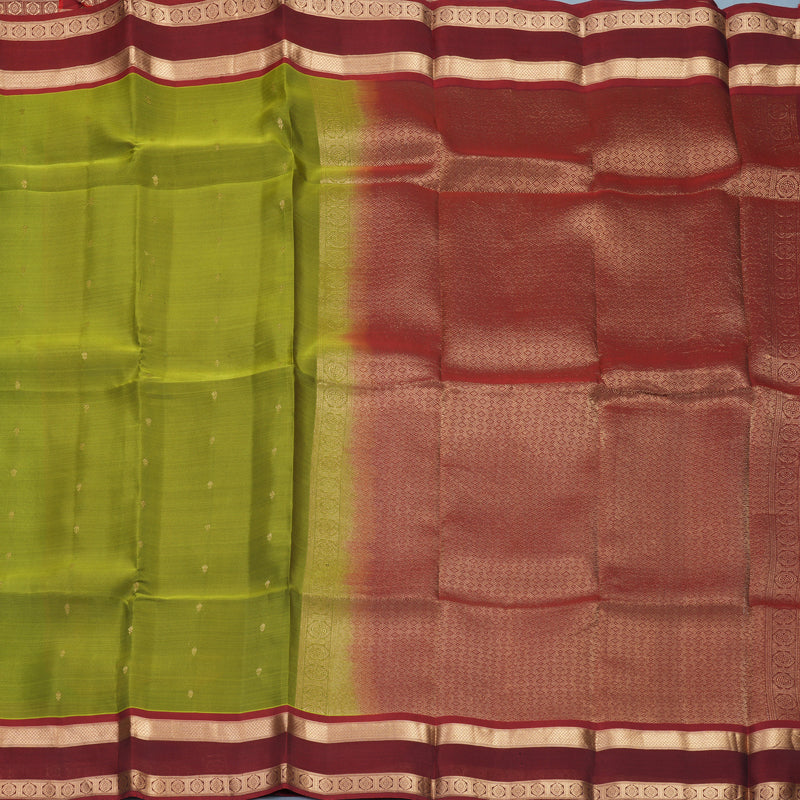 Hayagrivas Handloom Grass Green Kanjivaram Silk Saree with Maroon Border KBF919H1-18