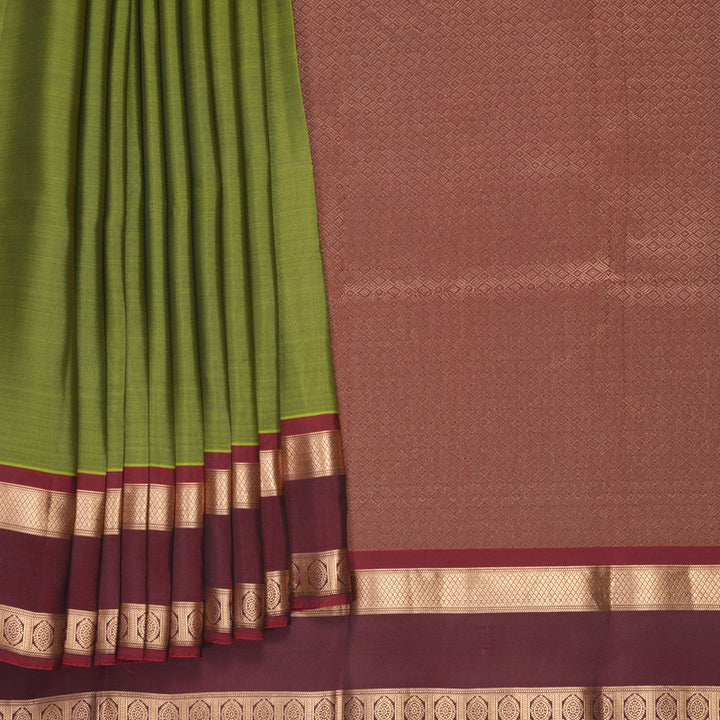 Hayagrivas Handloom Grass Green Kanjivaram Silk Saree with Maroon Border KBF919H1-18