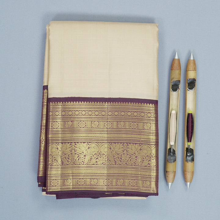 Hayagrivas Handloom Beige Kanjivaram Silk Saree with Purple Border KBF921H6-1