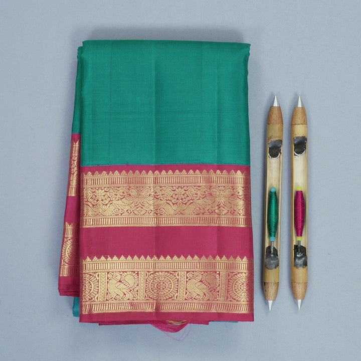 Hayagrivas Handloom Teal Green Kanjivaram Silk Saree with Magenta-Pink Border KBF922H2-2